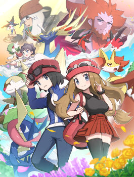 2girls 3boys absurdres az_(pokemon) bag beanie beard black_gloves black_hair black_thighhighs blonde_hair breasts calem_(pokemon) chesnaught closed_mouth delphox diantha_(pokemon) eyewear_on_headwear facial_hair fingerless_gloves floette floette_(eternal) gardevoir gen_3_pokemon gen_6_pokemon gloves gonzarez greninja hand_on_headwear hat highres jacket large_breasts legendary_pokemon lysandre_(pokemon) mega_gardevoir mega_pokemon miniskirt multiple_boys multiple_girls nintendo orange_hair pleated_skirt pokemon pokemon_(creature) pokemon_xy red_jacket red_skirt serena_(pokemon) skirt sleeveless smile thighhighs white_hair xerneas yveltal zettai_ryouiki