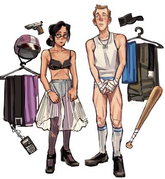 1boy 1girl absurdres bare_shoulders baseball_bat black_footwear black_hair blu_scout_(tf2) blue_eyes blush bra breasts briefs brown_hair closed_mouth clothes_hanger collarbone commentary covering_crotch covering_privates dark-skinned_female dark_skin earrings embarrassed english_commentary frown full_body glasses green_eyes gun hand_wraps handgun hat heavylovertf2 helmet high_heels highres jewelry kneehighs lips looking_at_another looking_at_viewer male_underwear midriff miss_pauling no_pants no_shirt panties pants pantyhose purple_pantyhose scout_(tf2) shirt shoes short_hair simple_background sketch skinny skirt sleeveless small_breasts socks standing tank_top team_fortress_2 underwear unworn_headwear unworn_helmet unworn_pants unworn_skirt weapon white_background white_socks