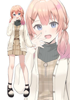 1girl :d absurdres black_sandals black_shirt blue_eyes blue_nails blush braid breasts brown_dress brown_hair cac_itinose commentary_request dress gradient_hair hair_between_eyes hair_ornament hairclip highres jacket long_hair long_sleeves low_twintails multicolored_hair nail_polish open_clothes open_jacket open_mouth original plaid_clothes plaid_dress puffy_long_sleeves puffy_sleeves purple_hair ribbed_shirt sandals shirt simple_background sleeves_past_wrists small_breasts smile solo standing toenail_polish toenails twintails white_background white_jacket zoom_layer