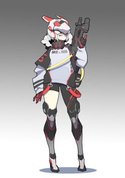 1girl absurdres bad_id bad_twitter_id bag belt breasts coat female_focus finger_on_trigger flashlight fps_xilou full_body gloves grey_background grey_hair gun handgun helmet highres holding holding_gun holding_weapon hood hood_down inactive_account knee_pads laser_pointer long_sleeves looking_to_the_side machine_pistol mask medium_breasts original pants personal_defense_weapon pistol pp-2000 respirator short_hair simple_background solo standing submachine_gun weapon yellow_eyes