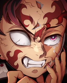 1boy arghqueso artist_name black_hair broken_mask cracked_kawaii_mask cracked_mask fangs hands_up highres kamado_tanjirou kimetsu_no_yaiba male_focus mask multicolored_hair pink_eyes portrait red_hair short_hair solo spoilers tears teeth two-tone_hair