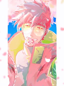 1boy commentary_request earrings falling_petals flower flower_in_mouth glasses hechiretuj highres jacket jewelry looking_at_viewer male_focus petals pink_theme round_eyewear shirt short_hair single_earring smile solo sweater trigun trigun_stampede turtleneck turtleneck_sweater upper_body vash_the_stampede