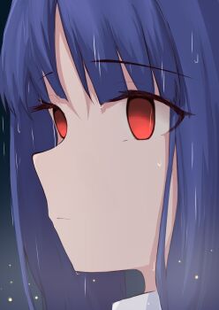 1girl absurdres asagami_fujino close-up closed_mouth commentary_request empty_eyes highres kara_no_kyoukai portrait purple_hair rain red_eyes riya_(01214) solo