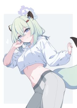 1girl absurdres alternate_costume animal_ear_fluff animal_ears aqua_hair blue_archive blush breasts cinamon_(cinamori) closed_mouth cropped_hoodie grey_pants hair_between_eyes halo highres hood hoodie looking_at_viewer medium_hair pants purple_eyes purple_halo shigure_(blue_archive) sidelocks smile solo tail weasel_ears weasel_girl weasel_tail white_hoodie yoga_pants