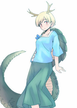 1girl antlers blonde_hair blue_bow blue_shirt bow collarbone commentary_request dragon_tail feet_out_of_frame green_skirt horns kicchou_yachie light_blush one-hour_drawing_challenge orange_eyes parted_lips rangycrow shirt short_hair simple_background skirt solo tail touhou white_background