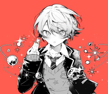 blazer chulixun1 greyscale highres jacket light_blush long_sleeves looking_at_viewer monochrome necktie open_mouth planet project_sekai red_background sparkle star-shaped_pupils star_(symbol) symbol-shaped_pupils tenma_tsukasa