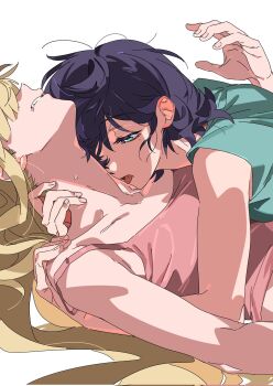 Rule 34 | 2girls, bare shoulders, black hair, blonde hair, cho kaguya-hime!, green eyes, green shirt, hand on another's neck, hand on another's shoulder, highres, holding hands, jewelry, kaguya (cho kaguya-hime!), licking, licking another's neck, long hair, medium hair, mole, mole under eye, molu stranger, multiple girls, off shoulder, open mouth, pink shirt, sakayori iroha, saliva, shirt, short sleeves, simple background, spaghetti strap, sweatdrop, tongue, white background, yuri