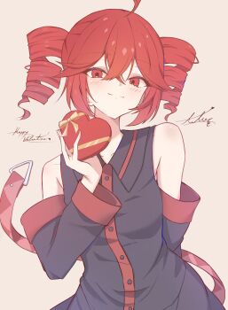 Rule 34 | 1girl, absurdres, ahoge, bare shoulders, belt, black shirt, blush stickers, bow, box, box of chocolates, candy, chocolate, chocolate heart, collared shirt, commentary request, detached sleeves, double-parted bangs, drill hair, food, hair between eyes, happy valentine, heart, heart-shaped box, heart-shaped food, highres, holding, holding chocolate, holding food, kasane teto, kasane teto (utau), looking at viewer, photoshop (medium), ramie li, red belt, red eyes, red hair, shirt, short hair, signature, simple background, sleeveless, sleeveless shirt, smile, solo, twin drills, upper body, utau, valentine, yellow bow