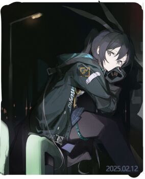 1girl amiya_(arknights) animal_ears arknights black_hair black_jacket black_pantyhose blue_skirt border commentary_request dated expressionless feet_out_of_frame from_side grey_eyes hair_between_eyes hand_on_own_cheek hand_on_own_face head_rest highres hood hood_down hooded_jacket jacket jewelry lamppost long_hair long_sleeves looking_at_viewer miniskirt night on_railing outdoors pantyhose plaid_clothes plaid_skirt pleated_skirt ponytail rabbit_ears railing siguma_(13238772100) sitting skirt sleeves_past_fingers sleeves_past_wrists solo thighlet white_border