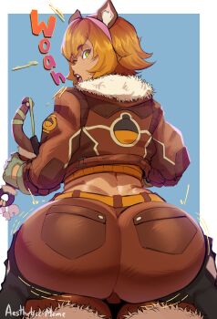 1boy 1girl absurdres aestheticc-meme animal_ears artist_name ass ass_focus breasts freckles from_behind grabbing_another&#039;s_ass green_eyes groping hetero highres huge_ass jacket looking_at_viewer marvel marvel_rivals orange_hair solo_focus squirrel_ears squirrel_girl squirrel_girl_(marvel) thick_thighs thighs venom_(marvel)