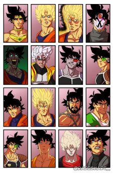 6+boys absurdres armor baby_vegeta baby_vegeta_(cosplay) beard black_eyes black_hair blank_eyes blonde_hair blue_eyes borrowed_design broly_(dragon_ball_z) broly_(dragon_ball_z)_(cosplay) captain_ginyu chain clenched_teeth commentary cosplay crimson-masked_saiyan dark-skinned_male dark_skin dragon_ball dragon_ball_(classic) dragon_ball_fighterz dragon_ball_gt dragon_ball_heroes dragon_ball_super dragonball_z earrings english_commentary facial_hair frown goku_black grin highres invincible_(series) jewelry kinzokumatto_(style) majin_vegeta majin_vegeta_(cosplay) multiple_boys multiple_persona pale_skin parody potara_earrings radishart red_eyes saiyan_armor scouter serious sharp_teeth shoulder_armor single_earring smile son_goku super_saiyan super_saiyan_1 super_saiyan_2 teeth tullece twitter_username vegeta veiny_face watermark white_hair
