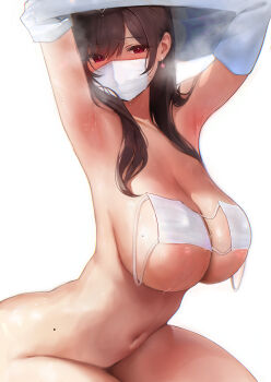 1girl absurdres armpits arms_up breasts brown_hair commentary_request curvy earrings highres huge_breasts inushima jewelry long_hair looking_at_viewer mask mole mole_on_breast mouth_mask navel original red_eyes simple_background solo sweat white_background
