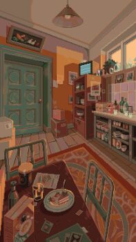 animated animated_gif bottle box cake cardboard_box chair commentary counter crt door english_commentary food fruit indoors light_particles looping_animation no_humans original pixel_art plant potted_plant rug scenery shelf static strawberry table television waneella window wooden_floor