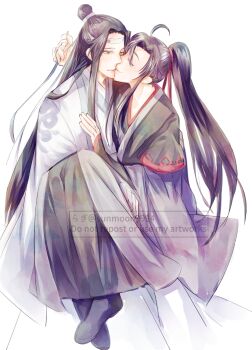 2boys ahoge black_hair black_hanfu black_pants carrying carrying_person chinese_clothes closed_eyes closed_mouth commentary_request couple full_body hair_ribbon hanfu headband highres holding holding_ribbon kiss lan_wangji long_hair long_sleeves looking_at_another male_focus modao_zushi multiple_boys pants ponytail red_ribbon ribbon robe sidelocks simple_background sitting sitting_on_lap sitting_on_person sleeves_past_wrists smile sunmoon9994 topknot twitter_username very_long_hair watermark wei_wuxian white_background white_hanfu white_headband white_ribbon wide_sleeves yaoi yellow_eyes