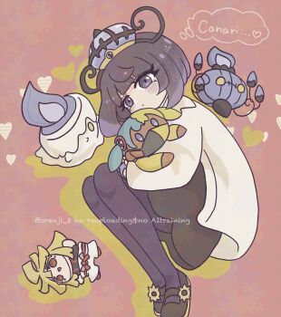 1girl black_dress black_shoes bob_cut canari_(pokemon) canari_plush_(pokemon) chandelure character_doll closed_mouth coat commentary_request doll dress english_text full_body gen_5_pokemon gwynn_(pokemon) hat heart highres holding holding_doll ivor_(pokemon) litwick long_sleeves looking_at_viewer mega_stone nintendo open_clothes open_coat orenji_2 pantyhose pokemon pokemon_legends:_z-a shoes short_hair speech_bubble thought_bubble white_coat