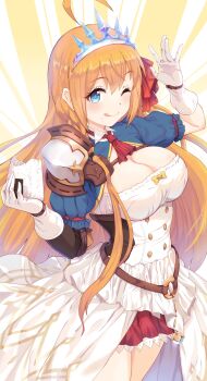1girl :p absurdres ahoge armor ascot belt blue_eyes bow braid breasts cleavage dress dress_bow food gloves highres holding holding_food large_breasts long_hair looking_at_viewer o-ring o-ring_belt one_eye_closed onigiri orange_hair pauldrons pecorine_(princess_connect!) princess_connect! rabenga red_ascot red_skirt shoulder_armor single_pauldron skirt solo strapless strapless_dress tiara tongue tongue_out white_dress white_gloves
