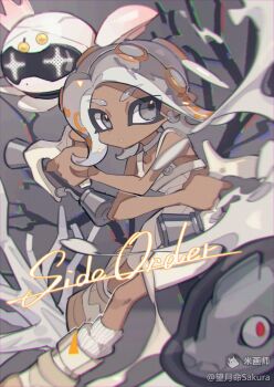 1girl absurdres agent_8_(splatoon) bare_arms bare_shoulders dark-skinned_female dark_skin full_body grey_eyes grey_hair highres jelleton marching_andante mihuashi_username mochizuki_inochi nintendo octoling octoling_girl octoling_player_character order_dualies_(splatoon) parted_lips pearl_(splatoon) pearl_drone_(splatoon) ribbed_socks shirt shoes short_hair shorts sleeveless sleeveless_shirt socks solo splatoon_(series) splatoon_3 splatoon_3:_side_order standing thick_eyebrows white_shirt white_shoes white_shorts white_socks