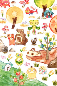absurdres barboach budew carnivine colored_pencil_(medium) commentary_request gen_1_pokemon gen_2_pokemon gen_3_pokemon gen_4_pokemon highres hippopotas mushroom nintendo no_humans outdoors painting_(medium) parasect pokemon pokemon_(creature) psyduck river tangela teddiursa togepi traditional_media tree ursaring watercolor_(medium) yanma yukichi_0611