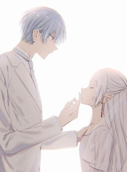 1boy 1girl alternate_hairstyle bloom blue_hair blue_necktie closed_eyes closed_mouth commentary_request dress earrings elf floating_earrings from_side grey_dress grey_hair grey_jacket half_updo hand_on_another&#039;s_face hand_on_another&#039;s_shoulder hetero highres jacket jewelry long_hair long_sleeves looking_at_another necktie pointy_ears see-through_clothes see-through_veil short_hair simple_background sousou_no_frieren standing straight_hair suit_jacket teardrop_earrings veil very_short_hair wedding white_background yoichi_hnkn