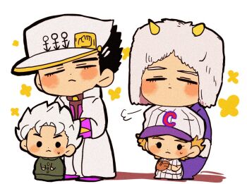 4boys :&lt; baseball_cap baseball_glove baseball_uniform black_hair blonde_hair blush_stickers chibi chibi_only chin_rest closed_eyes coat commentary_request diamond_wa_kudakenai emporio_alnino fake_horns full_body fur_hat gakuran hat head_on_head head_rest hirose_koichi horned_headwear horns jojo_no_kimyou_na_bouken kuujou_joutarou long_sleeves male_focus motu705 multiple_boys pointy_hair puff_of_air school_uniform short_hair solid_oval_eyes sportswear stone_ocean sweat weather_report white_hair