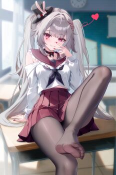 1girl absurdres black_neckerchief black_pantyhose breasts chalkboard chinese_commentary classroom commentary_request desk hat heart highres honkai:_star_rail honkai_(series) indoors long_hair looking_at_viewer neckerchief night_known no_shoes on_desk pantyhose pleated_skirt purple_eyes purple_sailor_collar purple_skirt sailor_collar school_desk school_uniform shirt sitting skirt small_breasts smile soles solo sparkle_(honkai:_star_rail) sparxie_(honkai:_star_rail) tilted_headwear toes top_hat twintails very_long_hair white_hair white_shirt