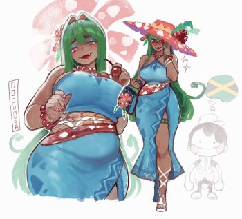 Rule 34 | 1girl, animal ears, ara-ara venusaur, blush, breasts, brown hair, chubby belly, cleavage, curvy, dark-skinned female, dark skin, female, female protagonist (pokemon pokopia), gen 1 pokemon, green hair, hawaiian clothes, highres, kemonomimi mode, large breasts, looking at viewer, mature female, multiple girls, multiple views, nintendo, nyantcha, open mouth, personification, pokemon, pokemon pokopia, red eyes, smile, textless version, twintails, venusaur