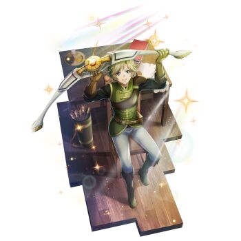 1boy armor arrow_(projectile) artist_request belt belt_pouch black_shirt blonde_hair book book_stack boots bow_(weapon) brown_belt brown_boots brown_gloves candlestand chair closed_mouth elbow_gloves full_body game_cg gloves green_eyes green_shirt high_collar holding holding_bow_(weapon) holding_weapon kawasumi_itsuki knee_boots layered_shirt leather_armor legendary_bow_(small_bow)_(tate_no_yuusha_no_nariagari) legendary_bow_(tate_no_yuusha_no_nariagari) long_sleeves looking_at_object looking_up male_focus messy_hair muneate official_alternate_costume official_art on_chair pants pauldrons pouch quiver shirt short_hair shoulder_armor sidelocks simple_background single_pauldron sitting sleeveless sleeveless_shirt smile solo table tate_no_yuusha_no_nariagari tate_no_yuusha_no_nariagari_rerise transparent_background turtleneck turtleneck_shirt weapon white_pants wooden_chair wooden_floor wooden_table