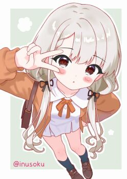 1girl :o asymmetrical_bangs black_socks blush border braid braided_bangs brown_shoes cardigan commentary dress grey_hair highres hisakawa_nagi idolmaster idolmaster_cinderella_girls inusoku kneehighs loafers long_hair looking_at_viewer neck_ribbon orange_cardigan orange_ribbon outline ribbon shoes socks solo twintails twitter_username v v_over_eye very_long_hair white_border white_dress white_outline