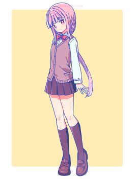 Rule 34 | 1girl, absurdres, blunt bangs, blush, border, bow, bowtie, bright pupils, brown shoes, brown socks, brown sweater vest, closed mouth, collared shirt, commentary request, full body, highres, kneehighs, loafers, long hair, long sleeves, looking at viewer, magia record: mahou shoujo madoka magica gaiden, mahou shoujo madoka magica, miniskirt, outside border, pink eyes, pink hair, pleated skirt, red bow, red bowtie, ruru (rurumagi), shirt, shoes, simple background, skirt, socks, solo, standing, sweater vest, tamaki iroha, twitter username, white border, white pupils, white shirt, yellow background