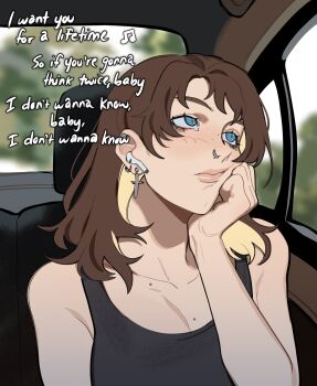 1girl airpods artist_self-insert black_tank_top blonde_hair blue_eyes breasts brown_hair car_interior cleavage colored_inner_hair commentary english_commentary english_text face_piercing flat_color freckles highres lips listening_to_music looking_afar lyrics medium_breasts medium_hair mole mole_on_breast mole_on_neck mole_under_eye multicolored_hair multiple_moles nose_piercing nose_ring piercing porqueloin real_life real_life_insert solo tank_top two-tone_hair wireless_earphones