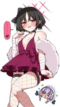 ... 2girls alternate_costume anger_vein armpit_crease atsuko_(blue_archive) bandaged_arm bandages bare_shoulders black_hair black_hairband black_panties blue_archive blush bow_hairband breasts closed_eyes cosplay double_v dress earrings fishnet_thighhighs fishnets fur_shawl gloves hairband halo highres hood hood_up jewelry looking_at_viewer misaki_(blue_archive) multiple_girls mutsuki_(blue_archive) mutsuki_(blue_archive)_(cosplay) mutsuki_(dress)_(blue_archive) open_mouth panties purple_hair red_dress red_eyes res1dents1eeper shawl simple_background sleeveless sleeveless_dress smile sparkle spoken_anger_vein spoken_ellipsis sweat thighhighs underwear v white_background