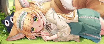 1girl absurdres animal_ears arknights bad_link blonde_hair blue_hairband blue_skirt blush brown_ribbon cardigan colored_tips cross-laced_clothes cross-laced_skirt fox_ears fox_girl fox_tail frilled_hairband frills green_eyes hairband highres ikazu401 kitsune kyuubi long_sleeves looking_at_viewer luo_xiaohei luo_xiaohei_(cat) luo_xiaohei_zhanji lying miniskirt multicolored_hair multiple_tails neck_ribbon official_alternate_costume on_ground on_side open_mouth outdoors puffy_long_sleeves puffy_sleeves ribbon shirt skirt solo suzuran_(arknights) suzuran_(spring_praise)_(arknights) tail two-tone_hair white_cardigan white_hair white_shirt