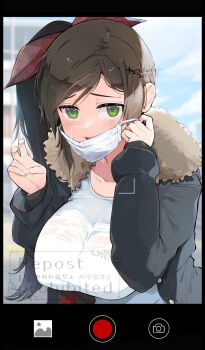 1girl battery_indicator black_jacket breasts brown_hair camera cellphone_photo green_eyes highres jacket kinako_(mzknk0) large_breasts long_hair looking_at_viewer mask mouth_mask murakumo_(senran_kagura) open_clothes open_jacket open_mouth phone recording senran_kagura shirt side_ponytail sweaty_clothes v viewfinder white_shirt