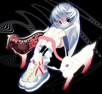 1girl absurdres animal baby_animal bike_shorts bisected blue_eyes blue_hair guro highres holding holding_scissors intestines kari_kakakari lamb looking_at_viewer multicolored_hair organs original oversized_clothes oversized_shirt scissors sheep shirt shoes sitting sneakers turtleneck white_hair wristband