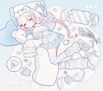 1girl :o absurdres alarm_clock bare_shoulders blue_dress blue_slippers blue_thighhighs blush braid cake cake_slice clock commentary dress food frilled_sleeves frills full_body highres leg_warmers long_hair long_sleeves looking_at_viewer lying nijisanji off-shoulder_dress off_shoulder on_side parted_lips pillow pink_hair plate red_eyes shiina_yuika single_braid sleeves_past_fingers sleeves_past_wrists slippers solo striped_clothes striped_thighhighs symbol-only_commentary thighhighs tokareta_tamago twitter_username virtual_youtuber
