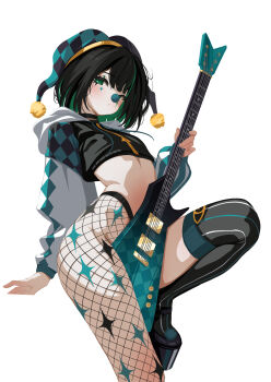 1girl absurdres amo_aster black_hair black_jacket black_shoes black_thighhighs closed_mouth clown_nose colored_inner_hair commentary crop_top cropped_jacket english_commentary fishnet_pantyhose fishnets green_eyes green_hat guitar hat highres holding holding_guitar holding_instrument hood hood_down hooded_jacket indie_virtual_youtuber instrument jacket jester jester_cap knee_up long_sleeves looking_at_viewer multicolored_hair pantyhose parted_bangs platform_shoes sansha_art shoes short_hair simple_background single_fishnet_legwear single_thighhigh solo stomach thighhighs virtual_youtuber white_background