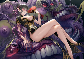 1girl absurdres black_hair black_sclera breasts call_of_cthulhu china_dress chinese_clothes claws colored_eyelashes colored_sclera commission crossed_legs dress eldritch_abomination extra_digits fingernails gold_trim hand_fan high_heels highres ippei_ipip large_breasts long_fingernails looking_at_viewer monster_girl nipples original paper_fan pixiv_commission pointy_ears purple_eyes sharp_fingernails tentacles