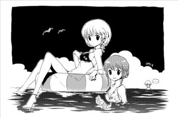 ... 1boy 2006 2girls archived_source bad_link barefoot bikini bird black_eyes border braid braided_bun braided_sidelock breasts cleavage closed_mouth cloud collarbone cumulonimbus_cloud dated dot_nose floral_print floral_print_bikini greyscale hair_bun innertube medium_hair miles_(djmax) monochrome multiple_girls ocean on_innertube open_hands outdoors partially_submerged platonic_supernova print_bikini screentones seagull short_hair sidelocks smile speech_bubble swim_ring swimsuit tiv toes very_low_bun water white_border