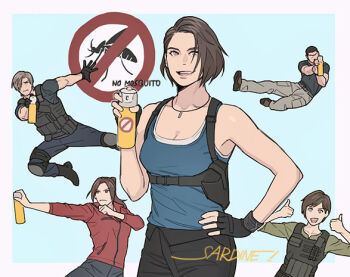 2boys 3girls artist_name black_gloves blue_background blue_shirt brown_hair bug bug_spray bulletproof_vest chris_redfield claire_redfield fingerless_gloves gloves insect jacket jewelry jill_valentine knee_pads leon_s._kennedy mosquito multiple_boys multiple_girls necklace pants rebecca_chambers red_jacket resident_evil resident_evil:_death_island sardine_(kjr0313) shirt signature simple_background