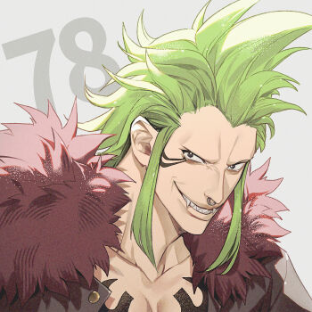 1boy bartolomeo coat commentary face_piercing facial_mark fur-trimmed_coat fur_trim green_hair looking_at_viewer male_focus nose_piercing numbered one_piece piercing pompadour sidelocks simple_background solo yoshicha