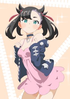 1girl absurdres asymmetrical_bangs black_choker black_hair black_jacket blush breasts choker clenched_hands closed_mouth commentary_request cowboy_shot derivative_work dress earrings green_eyes hair_ribbon hands_up highres jacket jewelry marnie_(pokemon) matsuokalive10 nintendo pink_background pink_dress pokemon pokemon_swsh ribbon simple_background single_earring small_breasts solo twintails undercut