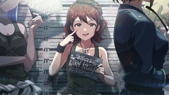 4girls black_tank_top braid brown_eyes brown_hair character_name collarbone commentary_request cuffs game_cg hair_ornament hairclip handcuffs height_chart holding holding_sign idolmaster idolmaster_million_live! idolmaster_million_live!_theater_days indoors jewelry kasuga_mirai looking_at_viewer mugshot multiple_girls necklace official_alternate_hairstyle official_art open_mouth short_hair sign solo_focus straight-on sweatband tank_top third-party_source tongue tongue_out upper_body wristband