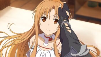 10s 1boy 1girl absurdres asuna_(sao) bed black_gloves brown_eyes brown_hair collarbone fingerless_gloves game_cg gloves highres indoors kirito long_hair looking_at_viewer smile sword_art_online sword_art_online:_hollow_realization