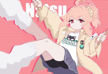 1girl ahoge bike_shorts blue_archive blue_skirt character_name drumsticks feet_out_of_frame hair_bun halo highres holding holding_drumsticks jacket long_hair long_sleeves looking_at_viewer miniskirt natsu_(band)_(blue_archive) natsu_(blue_archive) official_alternate_costume open_clothes open_jacket open_mouth pink_background pink_hair pink_halo pixel_art red_eyes shirt single_hair_bun skirt slmnk10124 socks solo white_shirt white_socks yellow_jacket