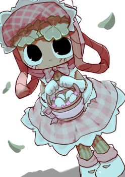 1girl :3 ankle_boots backlighting bare_arms basket bassie_(dandy's_world) black_eyes blush_stickers boots bow clover commentary_request dandy's_world dark-skinned_female dark_skin dress egg elbow_gloves flower four-leaf_clover frilled_dress frills from_above gloves green_pantyhose grey_pantyhose hands_up highres holding holding_basket k2s2kv leaf looking_at_viewer lower_eyelashes_only no_eyebrows no_nose no_pupils object_head official_alternate_costume pantyhose parted_lips pigeon-toed pink_bow pink_dress pink_flower plaid_bow plaid_clothes plaid_dress roblox shadow simple_background solo striped_clothes striped_pantyhose tareme two-tone_pantyhose vertical-striped_clothes vertical-striped_pantyhose white_background white_boots white_gloves