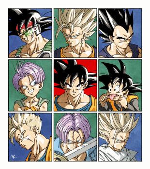 6+boys bardock black_hair blonde_hair close-up dragon_ball dragonball_z earrings headband highres holding holding_sword holding_weapon jewelry kakeru_(dbskakeru) medium_hair multiple_boys potara_earrings purple_hair red_headband scar scar_on_face scouter short_hair smile smirk son_gohan son_gohan_(future) son_goku son_goten spiked_hair super_saiyan super_saiyan_1 super_saiyan_2 sword tongue tongue_out trunks_(dragon_ball) trunks_(future)_(dragon_ball) vegeta vegetto weapon