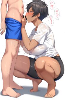 1boy 1girl age_difference bar_censor barefoot bike_shorts black_hair black_shorts blue_male_underwear blush breasts brown_eyes censored collarbone commentary_request dark-skinned_female dark_skin feet fellatio huge_breasts large_breasts male_underwear navel nipples onee-shota oral original ranhatu see-through_clothes see-through_shirt shirt short_hair short_sleeves shorts shota squatting standing tan thighs toes trembling underwear white_shirt