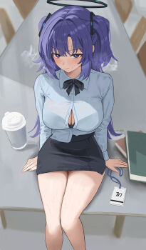 1girl absurdres black_bow black_bowtie black_bra black_skirt blue_archive blush bow bowtie bra breasts button_gap cleavage closed_mouth commentary dubeaduver hair_between_eyes highres id_card large_breasts long_hair looking_at_viewer on_table open_clothes open_shirt pencil_skirt purple_eyes purple_hair shirt shirt_partially_tucked_in sidelocks sitting skirt steaming_body sweat sweatdrop table thighs twintails underwear v-shaped_eyebrows white_shirt yuuka_(blue_archive)