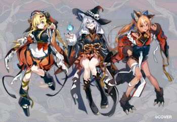 3girls alternate_costume animal_ears apron aqua_eyes bakatare_(hololive) bell black_boots black_collar black_hakama black_kimono black_leg_warmers black_socks blonde_hair blue_fire boots bow cape collar commentary_request copyright_name double-parted_bangs elf fire fox_ears fox_girl fox_tail frilled_apron frilled_sleeves frills full_body fur-trimmed_cape fur_trim hair_between_eyes hair_bow hair_ornament hairclip hakama hakama_short_skirt hakama_skirt halloween hat high_ponytail hololive horns japanese_clothes kimono kneehighs knees_together_feet_apart lace-up_boots leg_warmers long_hair monocle multicolored_hair multiple_girls neck_bell official_art orange_kimono pentagram pisuke_wan pointy_ears ponytail purple_eyes sheep_ears sheep_girl sheep_horns shirakami_fubuki shiranui_flare sidelocks skirt socks streaked_hair tail torn_clothes torn_socks tsunomaki_watame very_long_hair virtual_youtuber white_apron white_hair wide_sleeves witch_hat