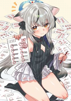 1girl absurdres academic_test animal_ears armpit_crease black_bow black_socks blue_archive bow breasts brown_eyes cleavage_cutout clothing_cutout commentary fingernails full_body grey_hair hair_bow halo highres holding holding_paper holding_pen kokona_(blue_archive) looking_at_viewer namaniku_(user_nxxf7457) notice_lines on_floor paper pelvic_curtain pen simple_background skirt small_breasts smile socks solo test_score thighs white_skirt yellow_background